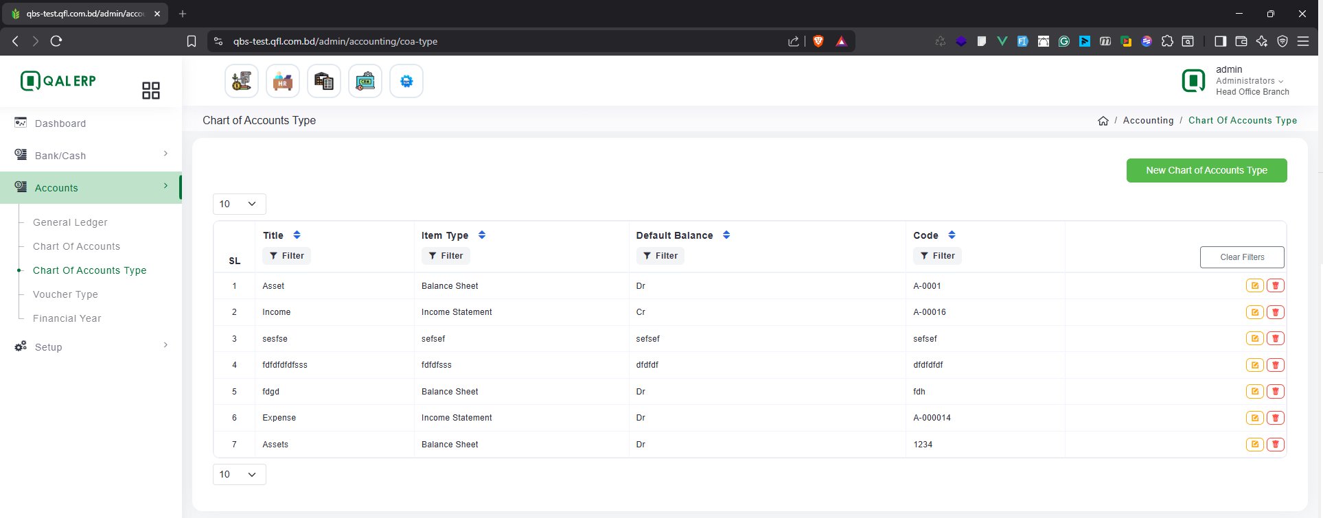 Chart of Accounts Type list screen