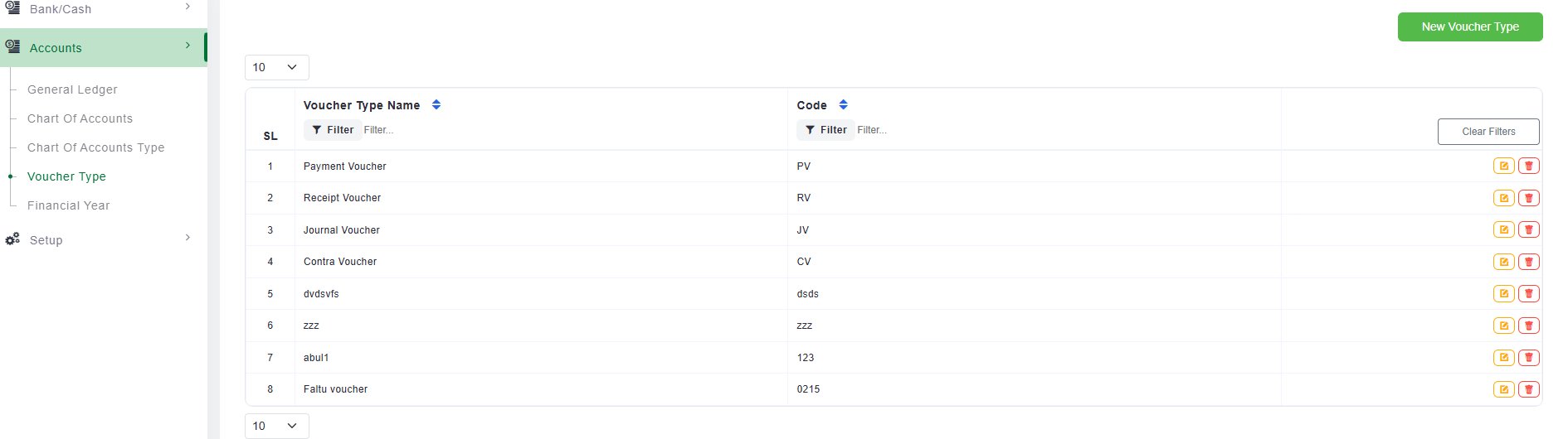 Voucher Type list screen